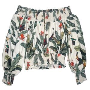 PatBO White Tropical Off-Shoulder Smocked Blouse with Green and Orange Print